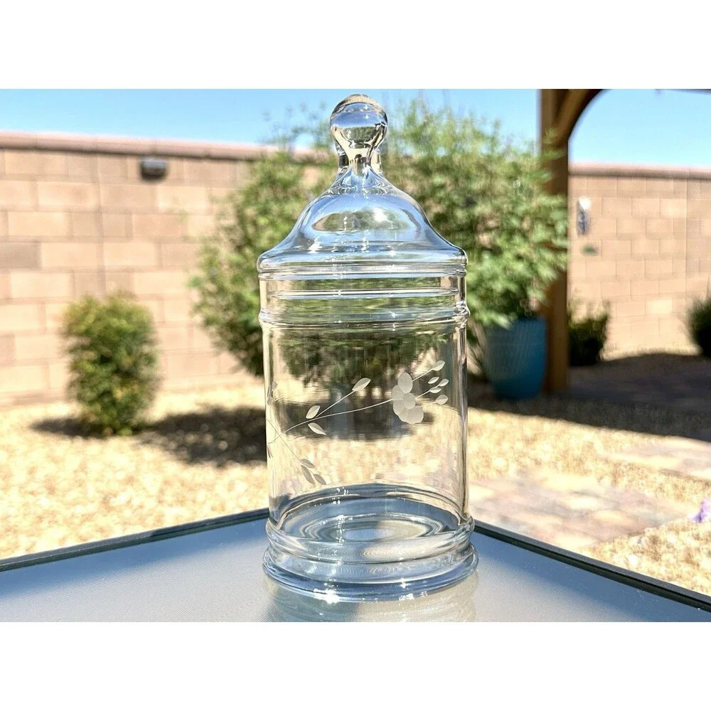 Princess House Heritage Crystal Glass Apothecary Jar w/ Lid Etched Glass 8 1/4